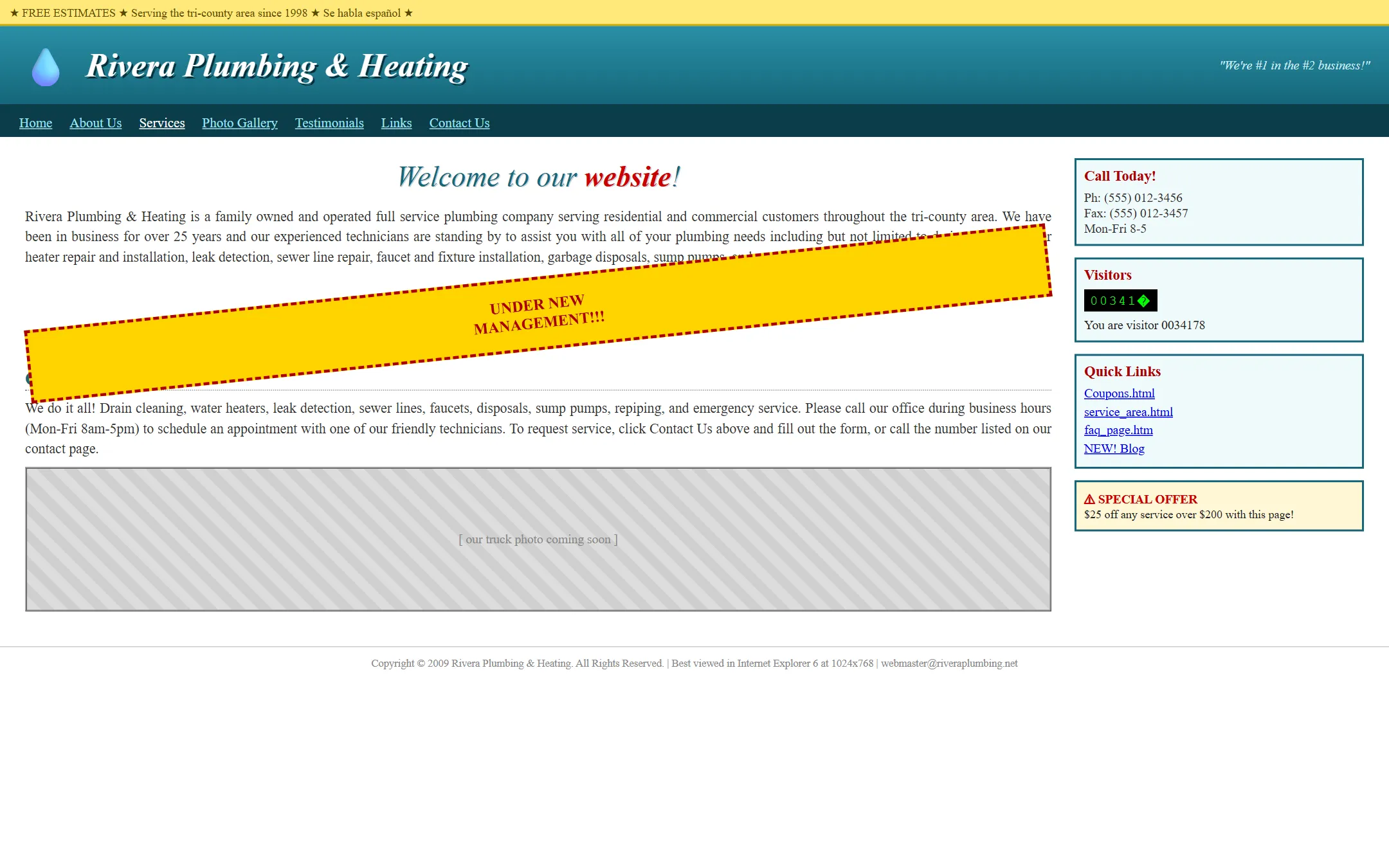 The owner's original site — slow to load, hard to read on a phone, with the option to book a job buried two clicks deep.